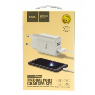 СЗУ USB Hoco C62A (2A, 2 порта, кабель MicroUSB) Белый
