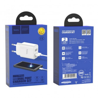 СЗУ USB Hoco C62A (2A, 2 порта, кабель Type-C) Белый