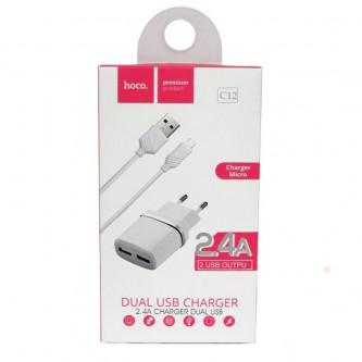 СЗУ USB Hoco C12 (2A, 2 порта, кабель Lightning) Белый