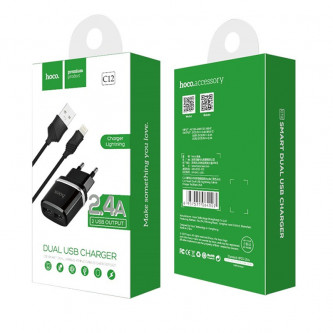 СЗУ USB Hoco C12 (2A, 2 порта, кабель Lightning) Черный