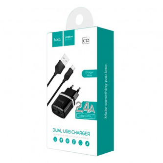 СЗУ USB Hoco C12 (2A, 2 порта, кабель MicroUSB) Черный